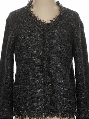 360 Sweater Women's Charcoal Black Fringed Tweed Cardigan